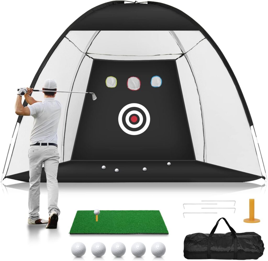 Golf Practice Net, 10x7ft Golf Hitting Aids Nets for Backyard Driving Chipping, Home Golf Swing Training with Targets /1 Golf Mat / 5 Golf Balls / 1 Golf Tees/Bag - Men Indoor Outdoor Sports Game