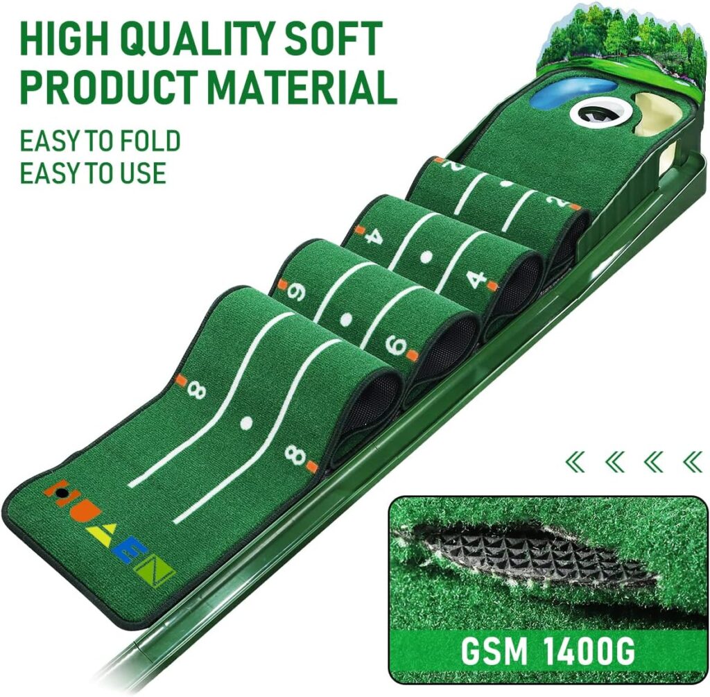 HUAEN Golf Putting Green Putting Mat Indoor  Outdoor with Ball Return and 3 Holes Improve Accuracy and Speed Durable Wrinkle-Resistant Velvet Crystal Mat Golf Accessories for Men