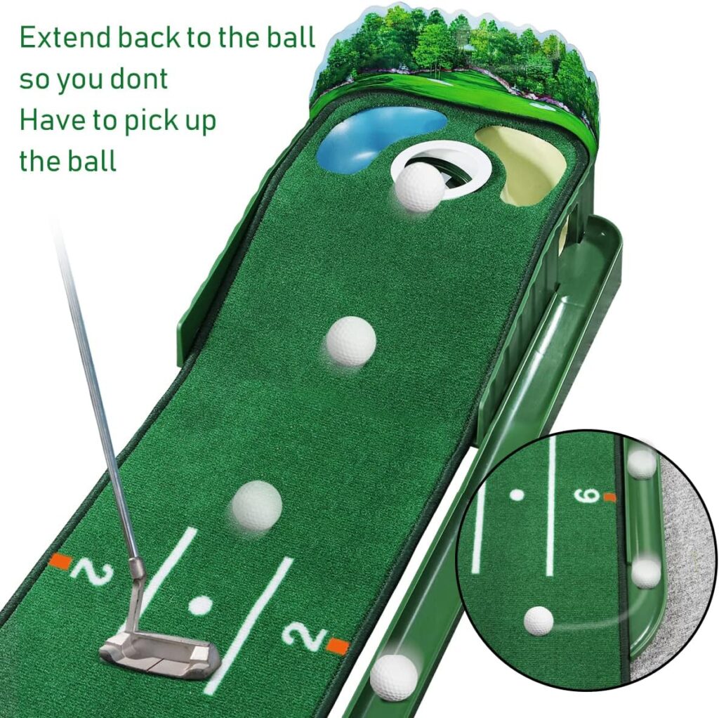 HUAEN Golf Putting Green Putting Mat Indoor  Outdoor with Ball Return and 3 Holes Improve Accuracy and Speed Durable Wrinkle-Resistant Velvet Crystal Mat Golf Accessories for Men
