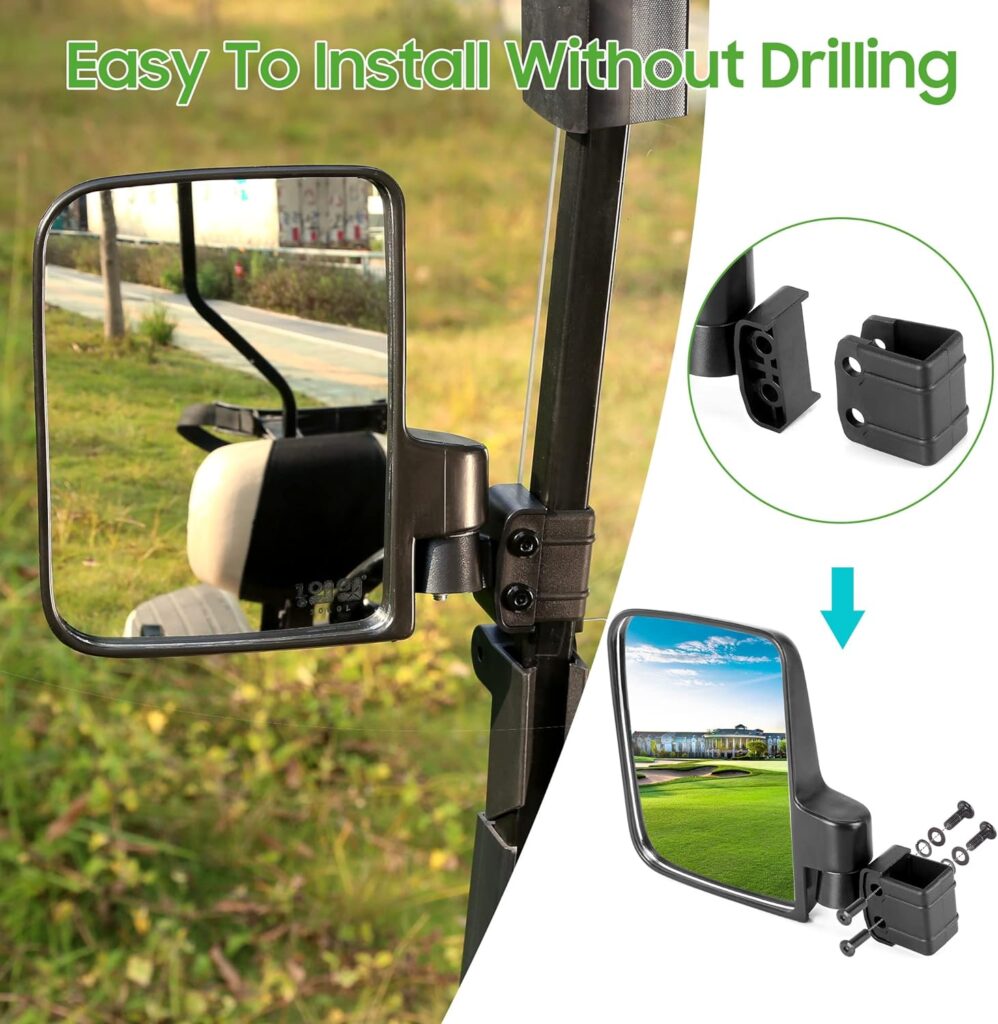 10L0L Universal No-Drilling Required Folding Side Rearview Mirror - HD Glass, Convex Design Compatible with 0.75-1.25 Club Cart EZ-GO Zone Cart Square Tube Mount Golf Cart