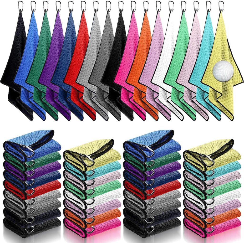 50 Pcs Bulk Golf Towel for Golf Bags Waffle Pattern Golf Towel 16 x 16 Microfiber Fabric Golf Towel with Clip for for Golf Bags, Fitness, Camping, Hiking, Yoga, Pilates (Mixed Colors)