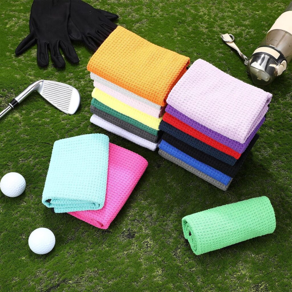 50 Pcs Bulk Golf Towel for Golf Bags Waffle Pattern Golf Towel 16 x 16 Microfiber Fabric Golf Towel with Clip for for Golf Bags, Fitness, Camping, Hiking, Yoga, Pilates (Mixed Colors)