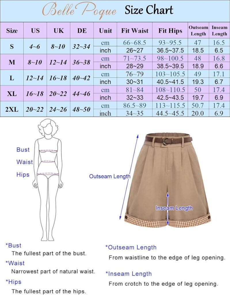 Belle Poque Women Bermuda Shorts Elastic Waist Wide Leg Shorts with Pockets  Belts
