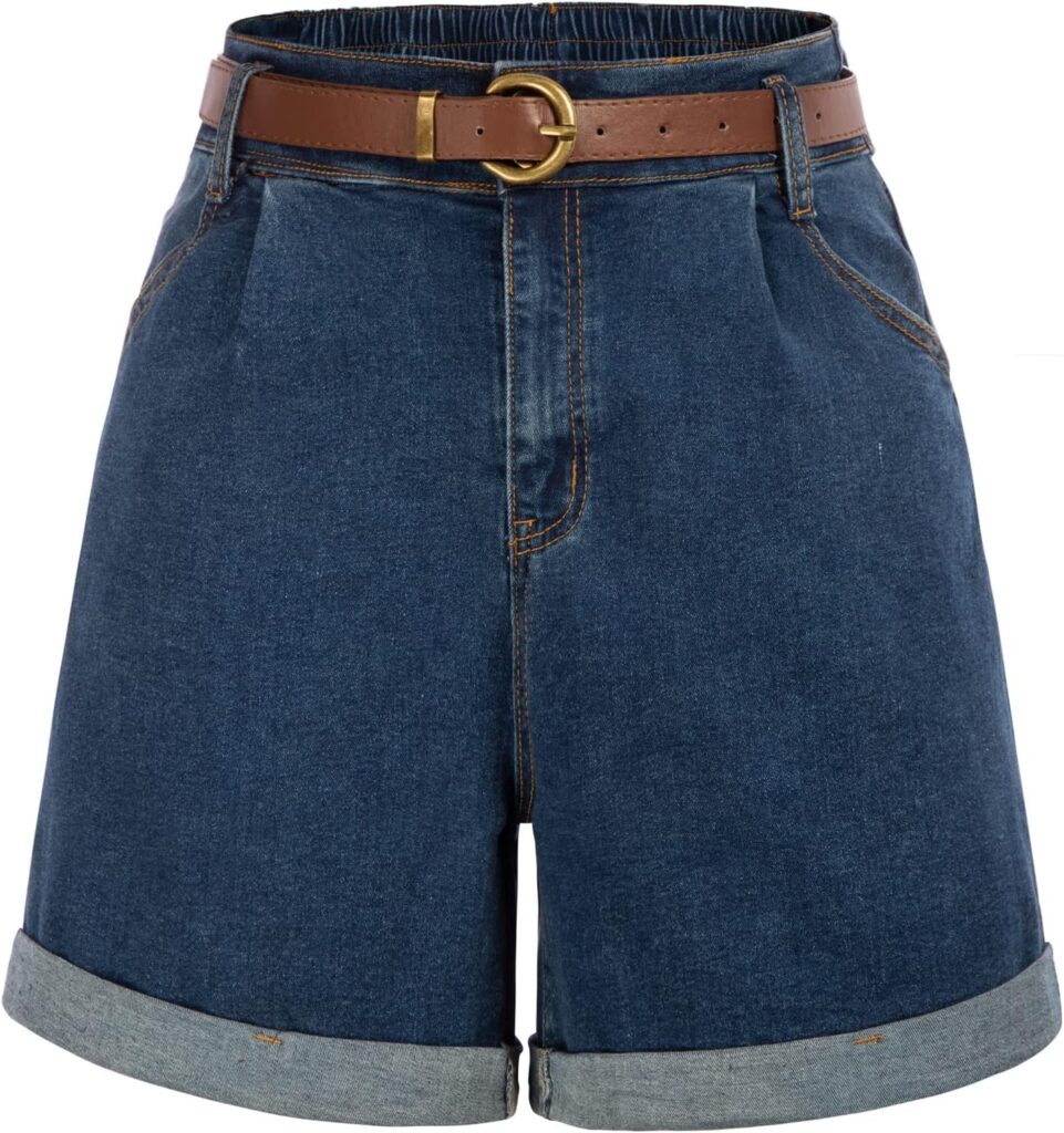 Belle Poque Women Bermuda Shorts Elastic Waist Wide Leg Shorts with Pockets  Belts