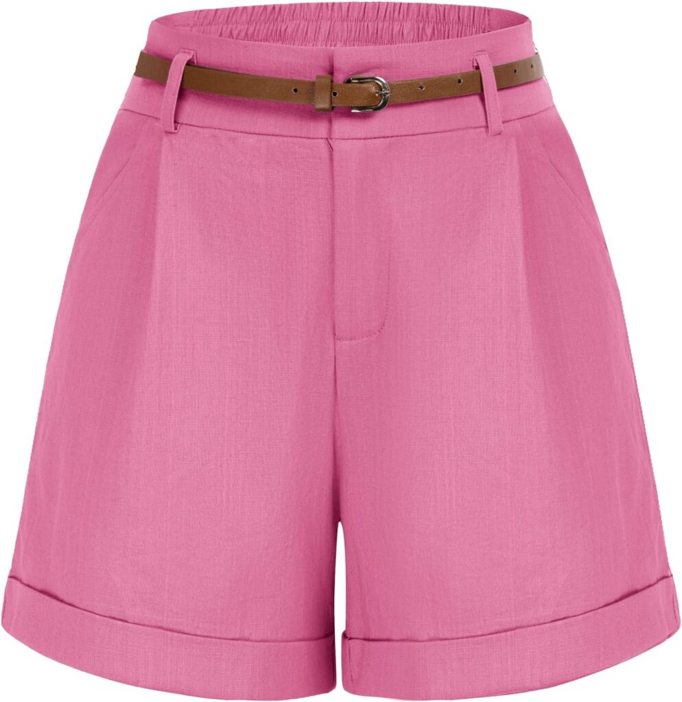 Belle Poque Women Bermuda Shorts Elastic Waist Wide Leg Shorts with Pockets  Belts