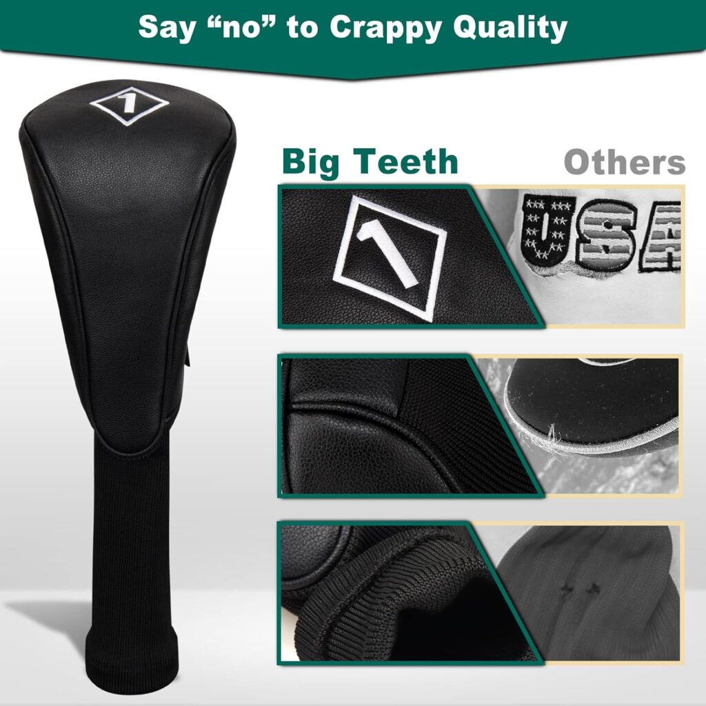Big Teeth Golf Club Covers for Woods and Drivers, Golf Headcovers Set Woods, Driver Headcover Black Leather