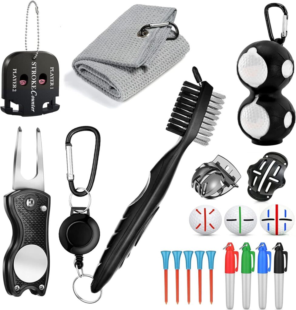 Golf Cleaning Kit (16 in 1), Golf Towel, Cleaning Brush, Divot Repair Tool, Golf Ball Alignment Kit, Score Counter, Golf Ball Holder  Tee, Golf Accessories, Make Perfect Golf Gifts for Men or Women!