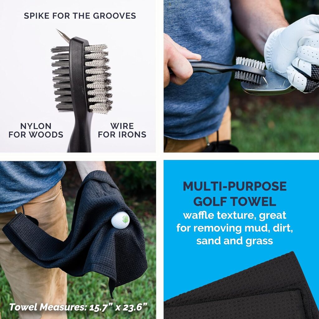 Golf Club and Ball Cleaning Set Black Edition by Greenstrike Golf - Golf Club Cleaner Kit with Golf Ball Cleaner Pouch, Golf Scrub Brush and Towel - Golf Club Bag Accessories
