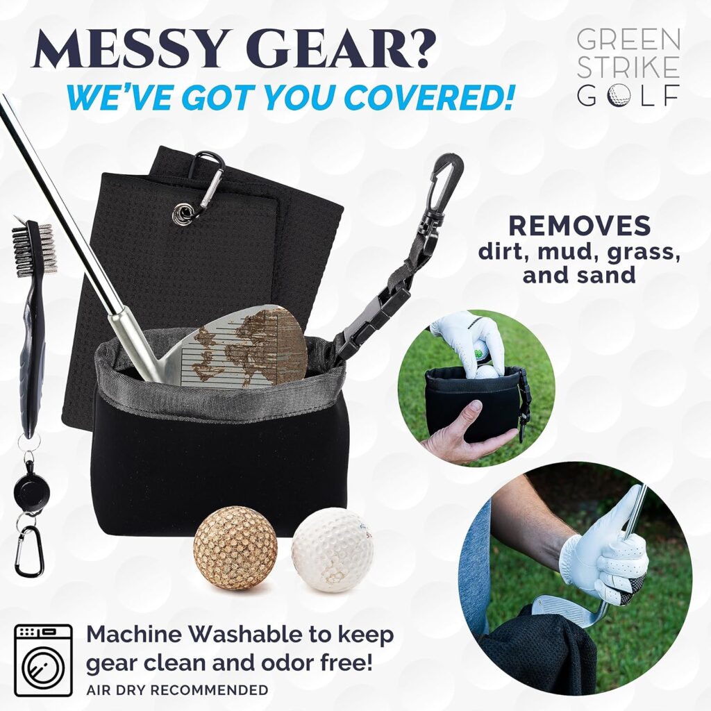 Golf Club and Ball Cleaning Set Black Edition by Greenstrike Golf - Golf Club Cleaner Kit with Golf Ball Cleaner Pouch, Golf Scrub Brush and Towel - Golf Club Bag Accessories