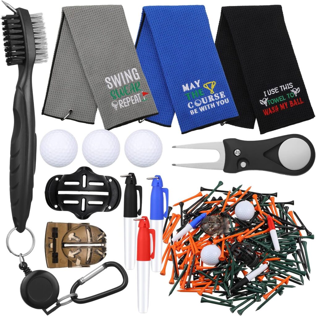 Golf Club Cleaning Kit Includes 3 Golf Towel with Clip, Golf Brush, Divot Repair Tool, 3 Golf Ball, 2 Golf Ball Alignment Kit, 3 Markers, 240 Golf Tees Golf Bag Accessories for Men Women Cleaner Tools
