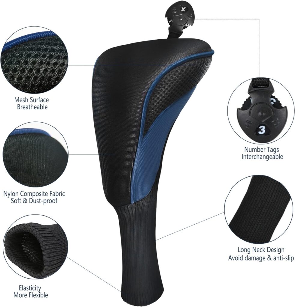 Golf Club Head Covers for Fairway Woods Driver Hybrids 3 Pieces Long Neck Mesh Sports Fan Golf Club Headcovers Set with Interchangeable No. Tags 3 4 5 6 7 X Golf Accessories for Men Women