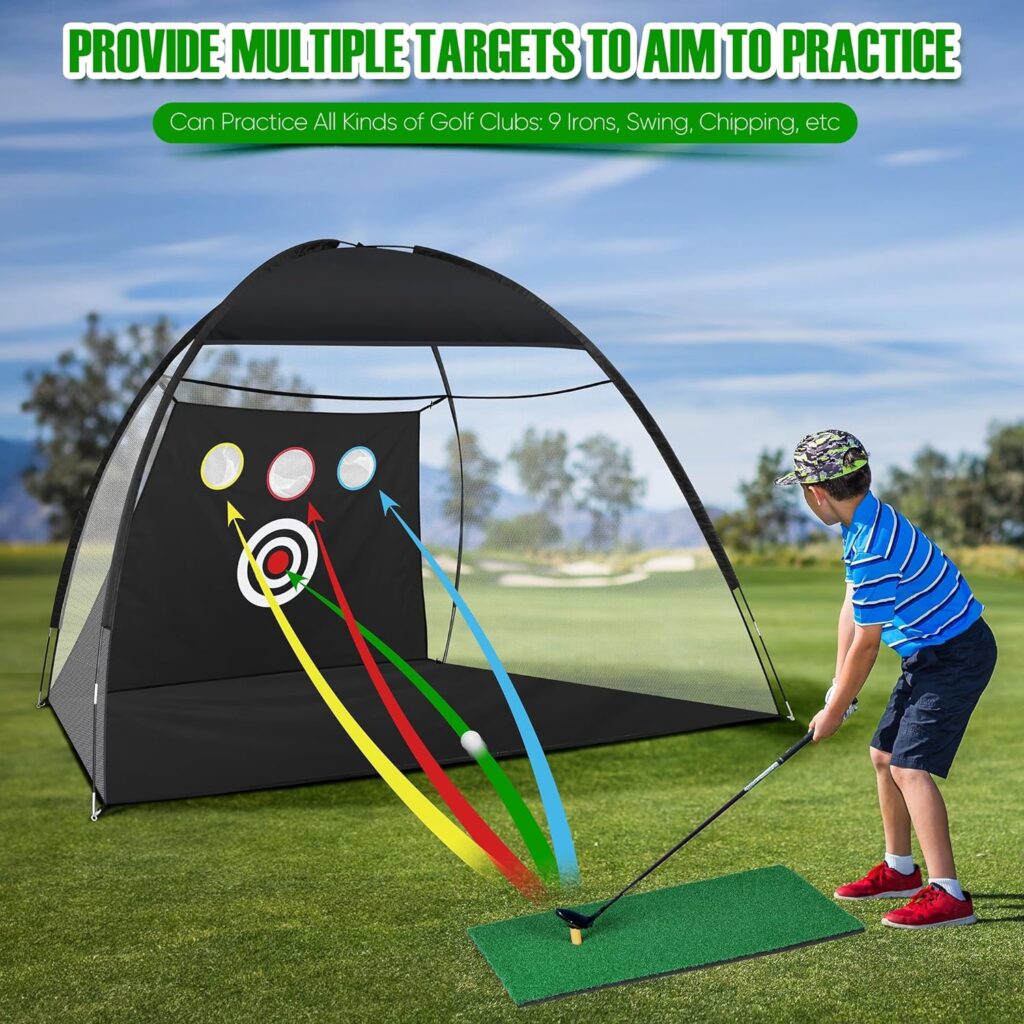 Golf Net, 10x7ft Golf Practice Net Backyard Driving, Golf Driving Range, Golf Swing Net, All in 1 Home Golf Hitting Aid Nets with Target/Golf Mat/Balls/Tee/Bag - Gift for Men boy/Golf Lovers