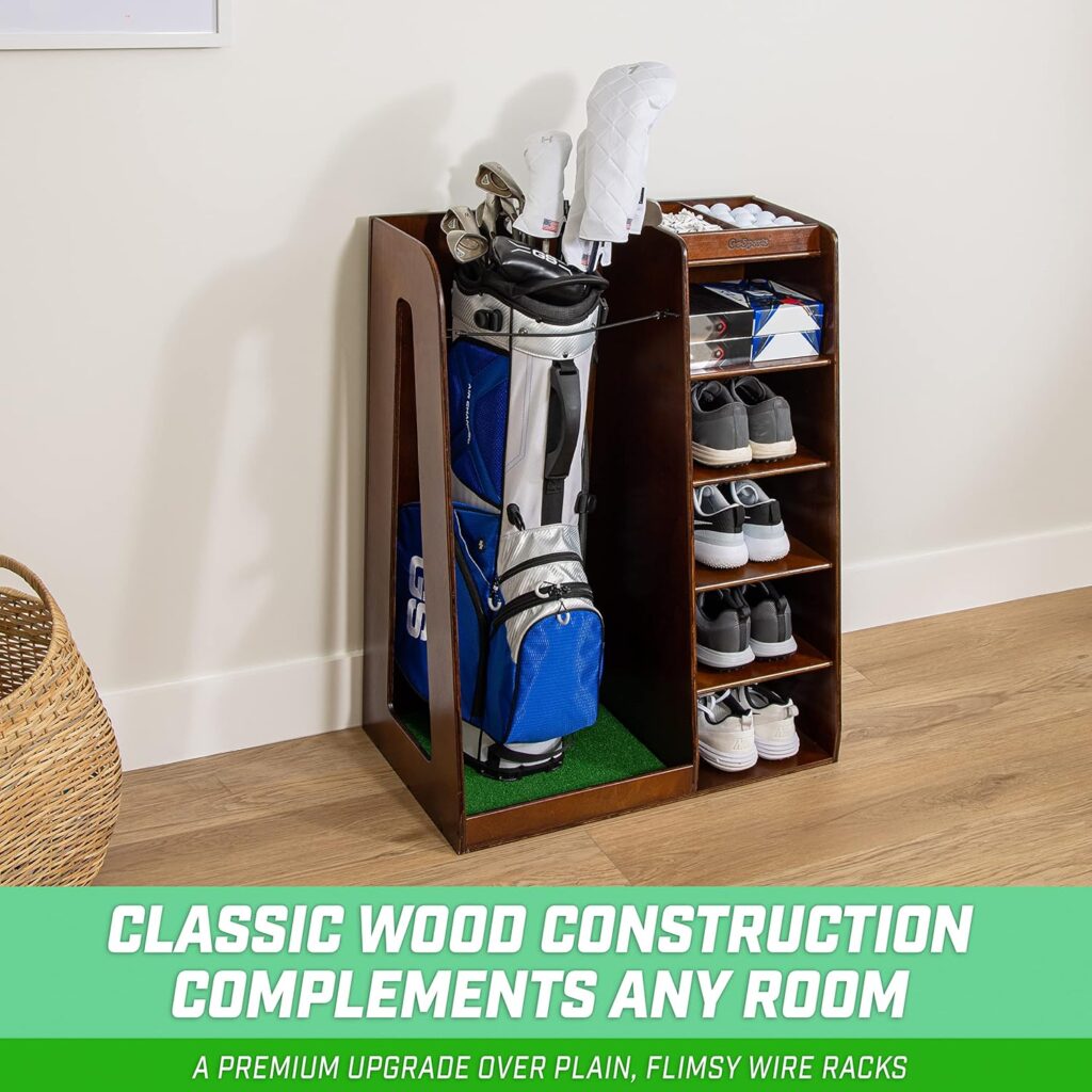 GoSports Premium Wooden Golf Bag Organizer and Storage Rack - Black, White or Brown Finish