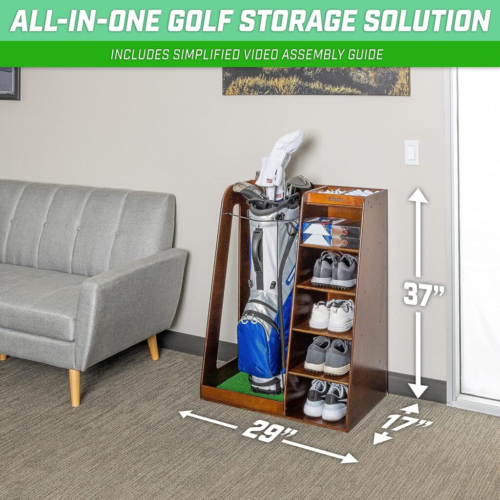 GoSports Premium Wooden Golf Bag Organizer and Storage Rack - Black, White or Brown Finish