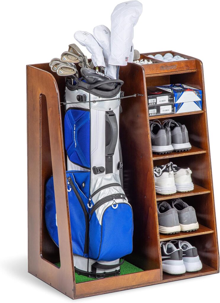 GoSports Premium Wooden Golf Bag Organizer and Storage Rack - Black, White or Brown Finish