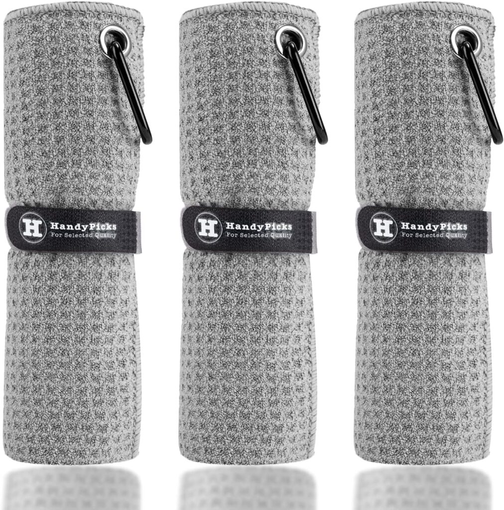 Handy Picks Microfiber Golf Towel (16 X 16) with Carabiner Clip, Waffle Pattern Hook and Loop Fastener - The Convenient Golf Cleaning Towel Black/Grey/Red