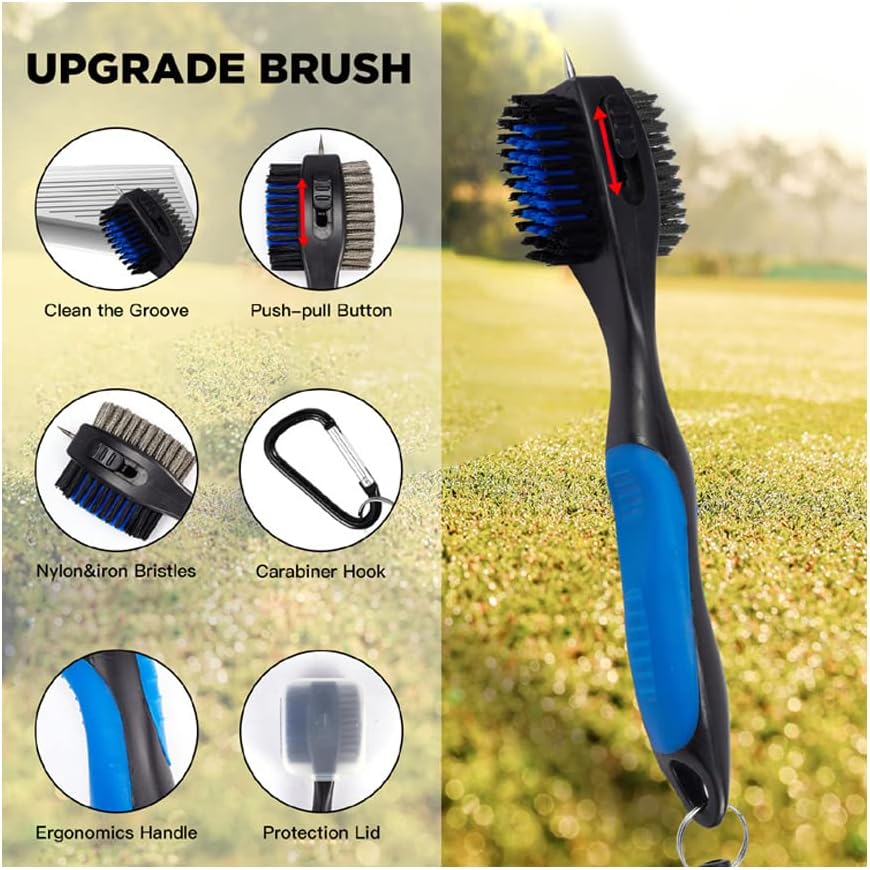 Lesunsul Golf Club Brushes, Golf Cleaning Tool, with Retractable Cleaning Nails, Nylon and Wire Bristles Oversize Double Brush Head with 2ft Retractable Zip-line Metal Buckle