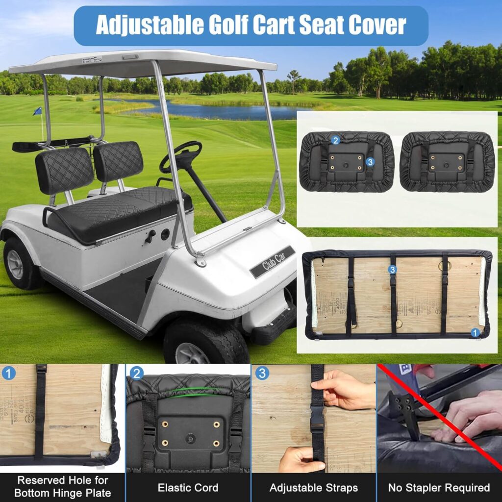 MOSNAI Club Car DS Pre-2000 Front Seat Covers and Golf Cart Rear Seat Covers, Concave and Convex Design, Thick Vinyl Leather Comfortable, Breathable  Easy to Clean