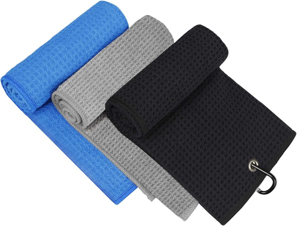 MOSUMI 3 Pack Golf Towel for Bags with Clip and Microfiber Waffle Pattern, Tri-fold Blue, Black and Gray