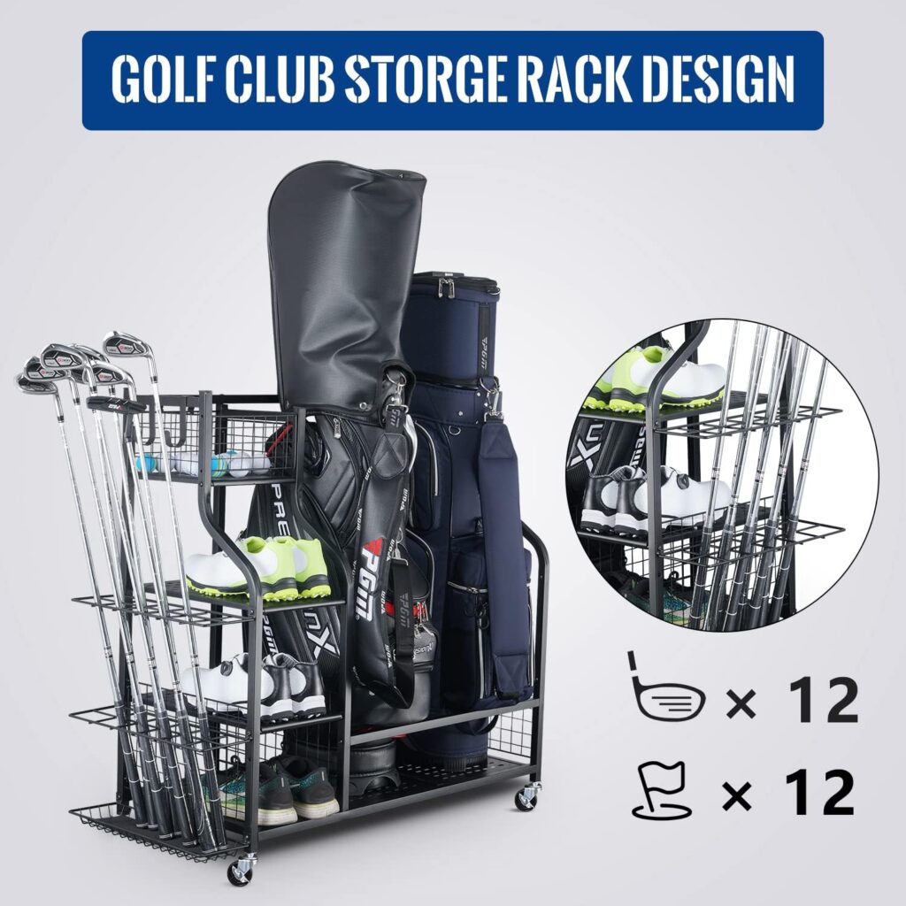Mythinglogic Golf Storage Garage Organizer, Golf Bag Storage Stand and Other Golfing Equipment Rack, Extra Storage Rack for Golf Clubs