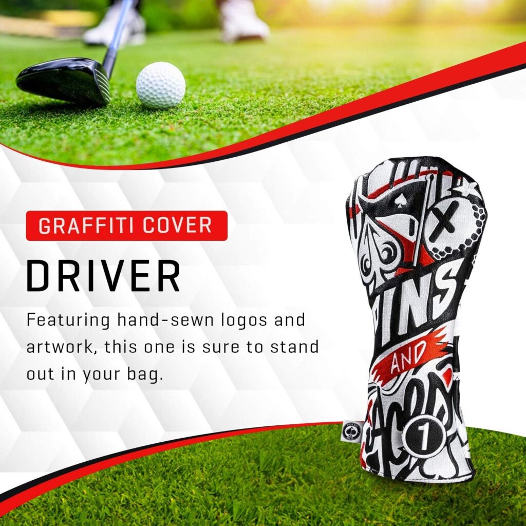 Pins  Aces Golf Co. LE Graffiti Head Cover - Premium, Hand-Made Leather Headcover - Urban Styled, Tour Quality Golf Club Cover - Style and Customize Your Golf Bag