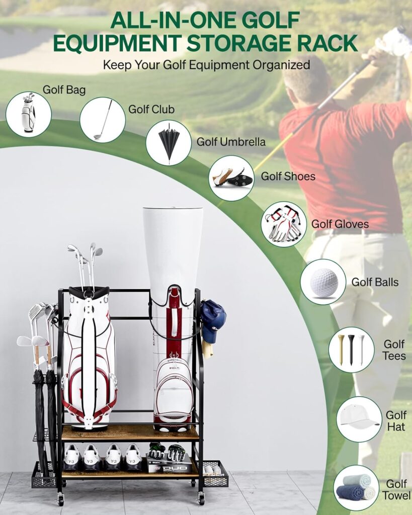 Rackgolfic Golf Bags Storage Organizer - Wooden Golf Bag Stand and Equipment Garage Rack Golf Furniture with Basket Storage Golf Balls, Golf Tee  Extra Golf Clubs Display Rack