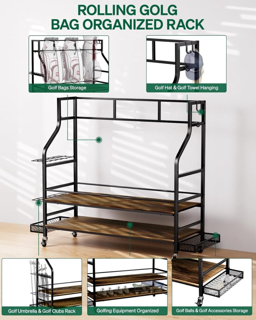 Rackgolfic Golf Bags Storage Organizer - Wooden Golf Bag Stand and Equipment Garage Rack Golf Furniture with Basket Storage Golf Balls, Golf Tee  Extra Golf Clubs Display Rack