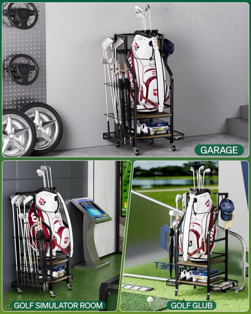 Rackgolfic Golf Bags Storage Organizer - Wooden Golf Bag Stand and Equipment Garage Rack Golf Furniture with Basket Storage Golf Balls, Golf Tee  Extra Golf Clubs Display Rack