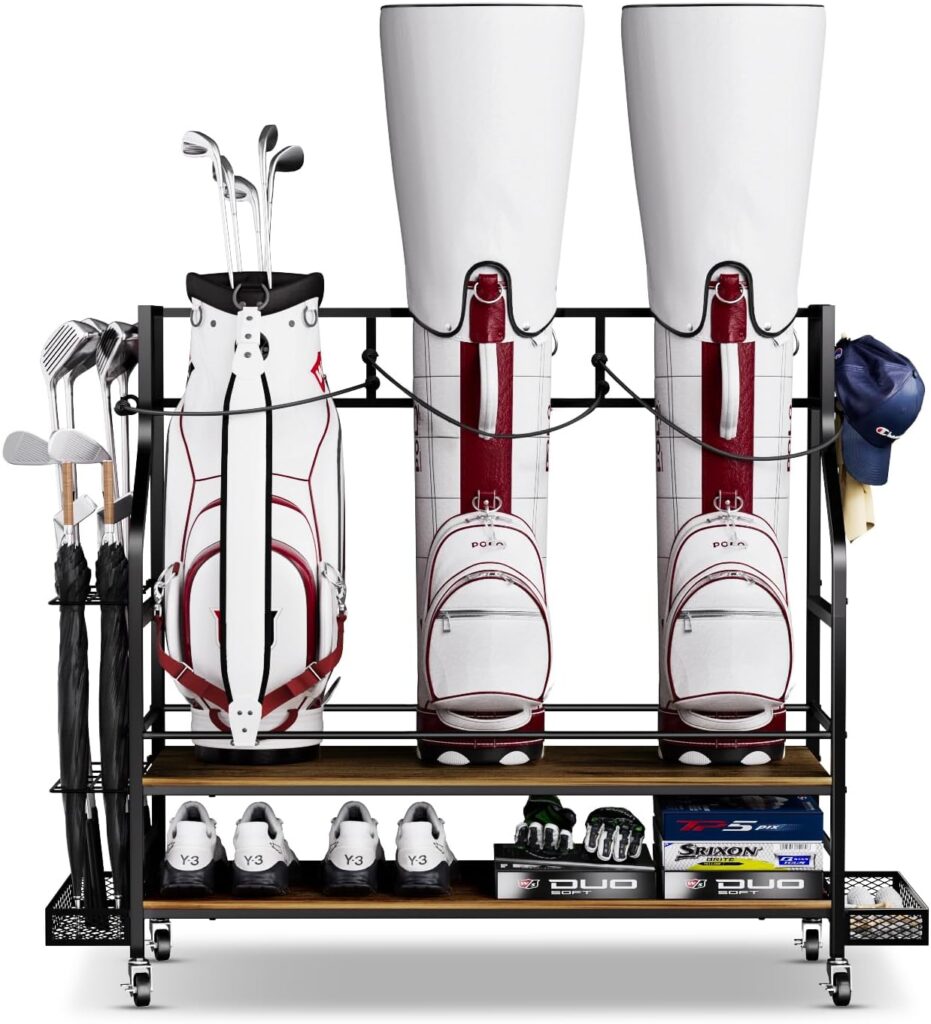 Rackgolfic Golf Bags Storage Organizer - Wooden Golf Bag Stand and Equipment Garage Rack Golf Furniture with Basket Storage Golf Balls, Golf Tee  Extra Golf Clubs Display Rack