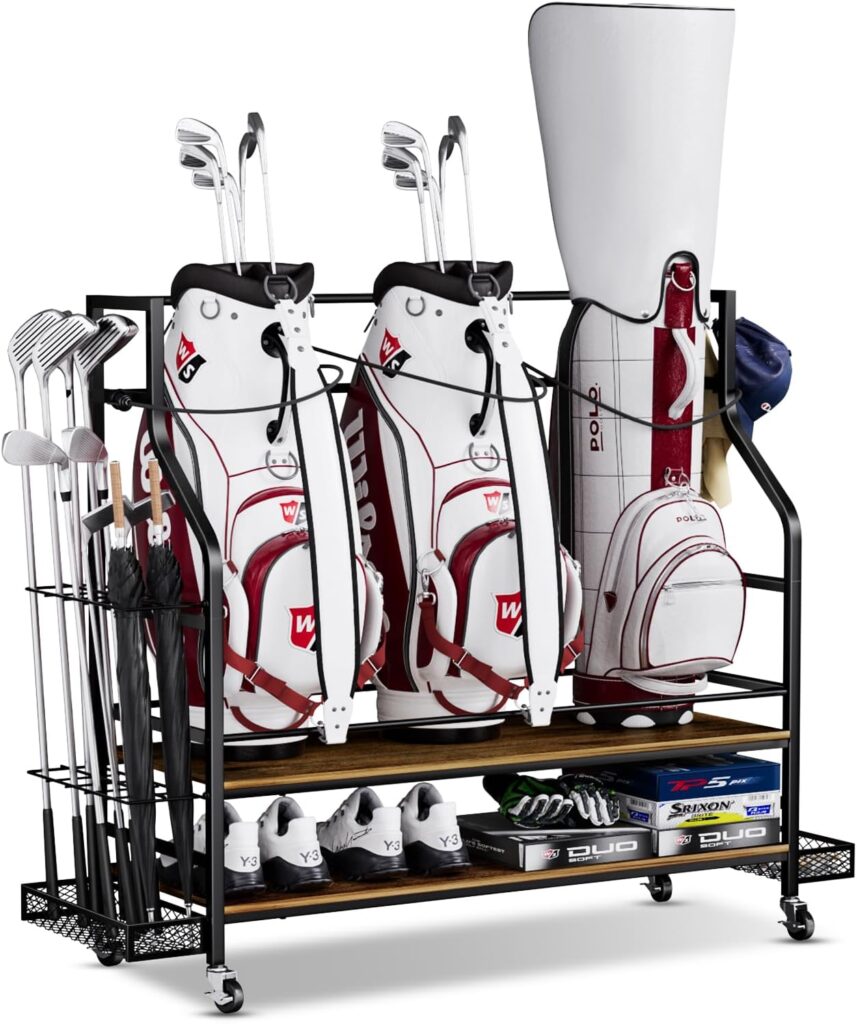 Rackgolfic Golf Bags Storage Organizer - Wooden Golf Bag Stand and Equipment Garage Rack Golf Furniture with Basket Storage Golf Balls, Golf Tee  Extra Golf Clubs Display Rack
