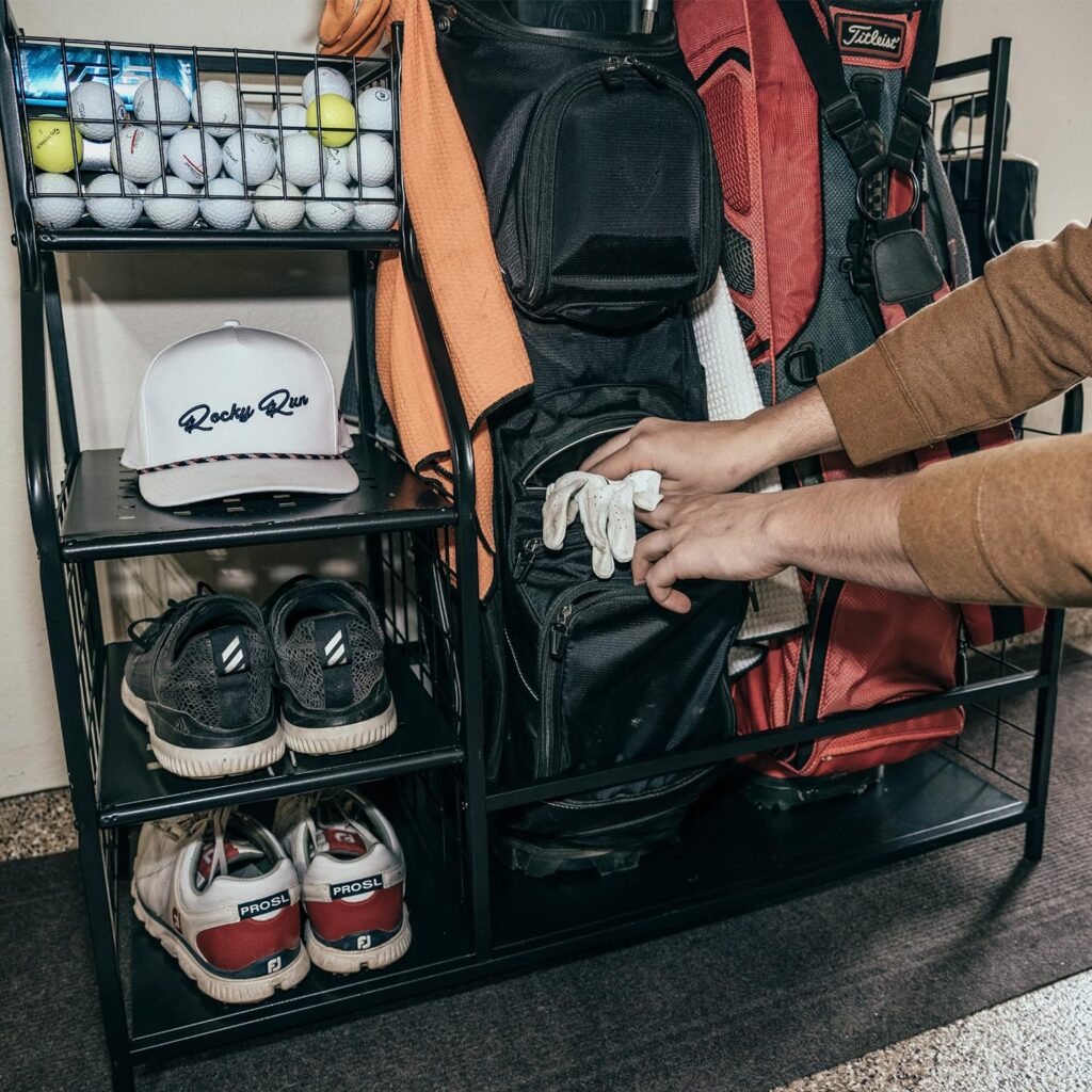 Swing Sports Golf Bag Stand - 37.6in Double Golf Bag Storage Rack for Garage with Golf Accessories Organizer Shelves